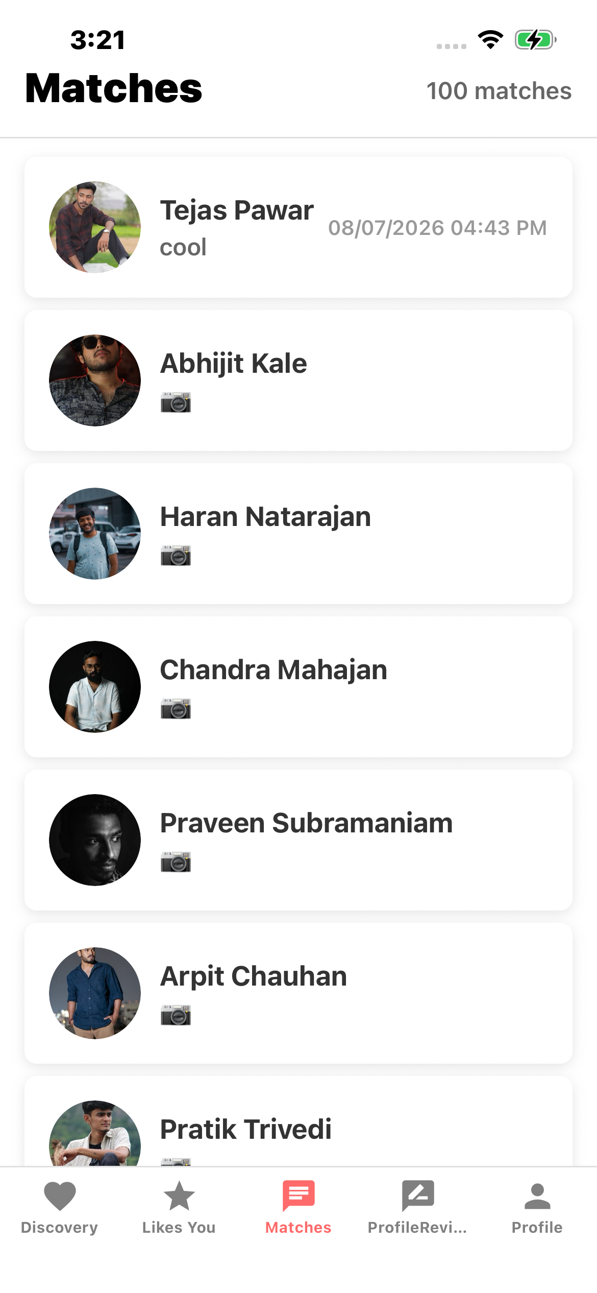 Enlov matches inbox screen