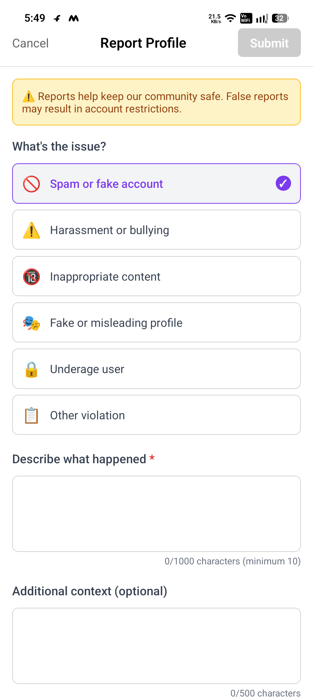 Enlov report profile screen