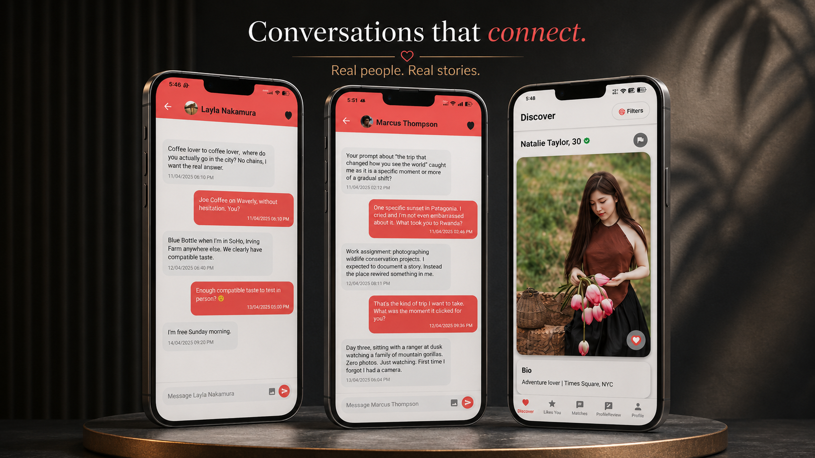 Enlov marketing composition showing chat and discovery screens